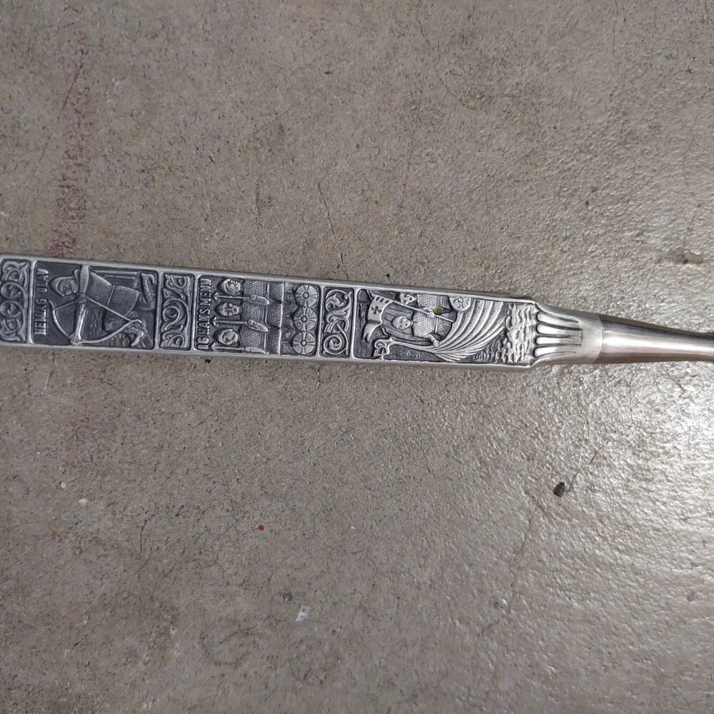 H S Tinn Pewter Handle Cheese Slicer Viking Ship Stave Church Heilag Olav Hans